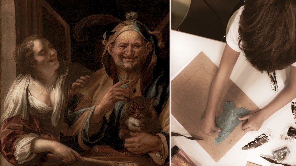 Explorando al detalle en familia la obra «El bufón, la mujer y el gato» de Jacob Jordaens