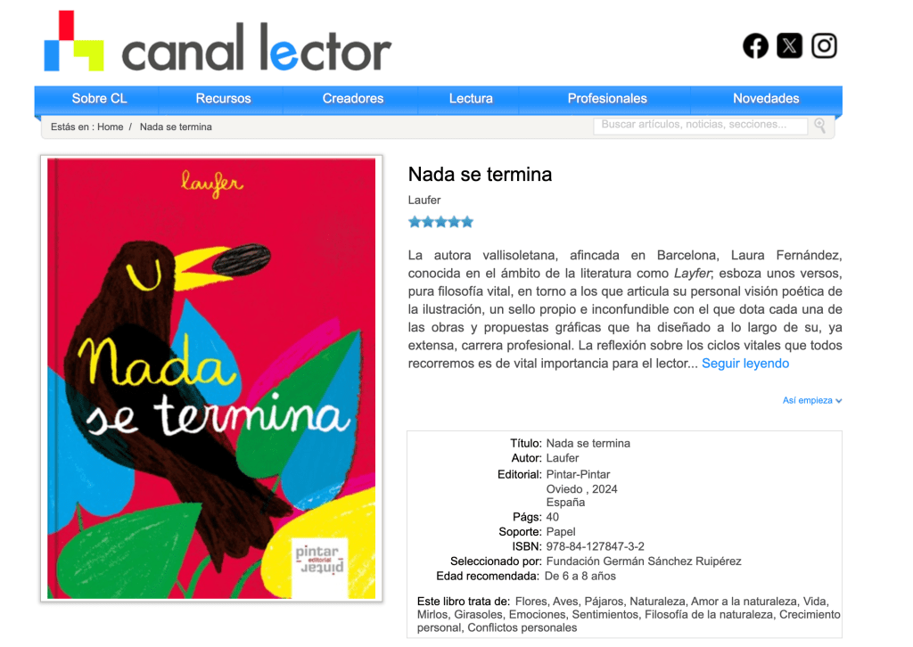 «Nada se termina» en la web Canal Lector de la La Fundación Germán Sánchez&nbsp;Ruipérez