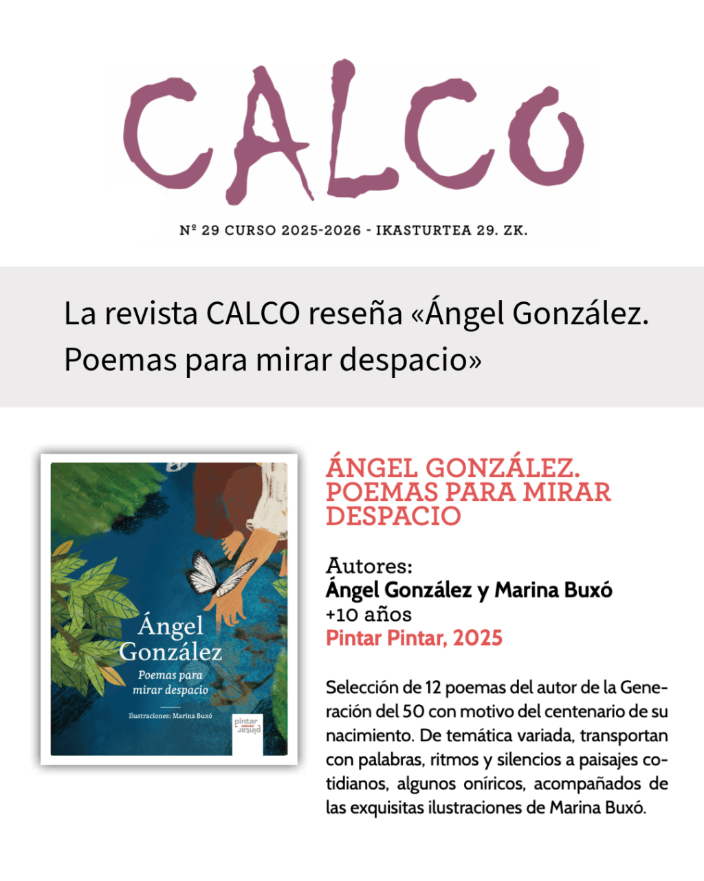 La revista CALCO reseña «Ángel González. Poemas para mirar despacio»